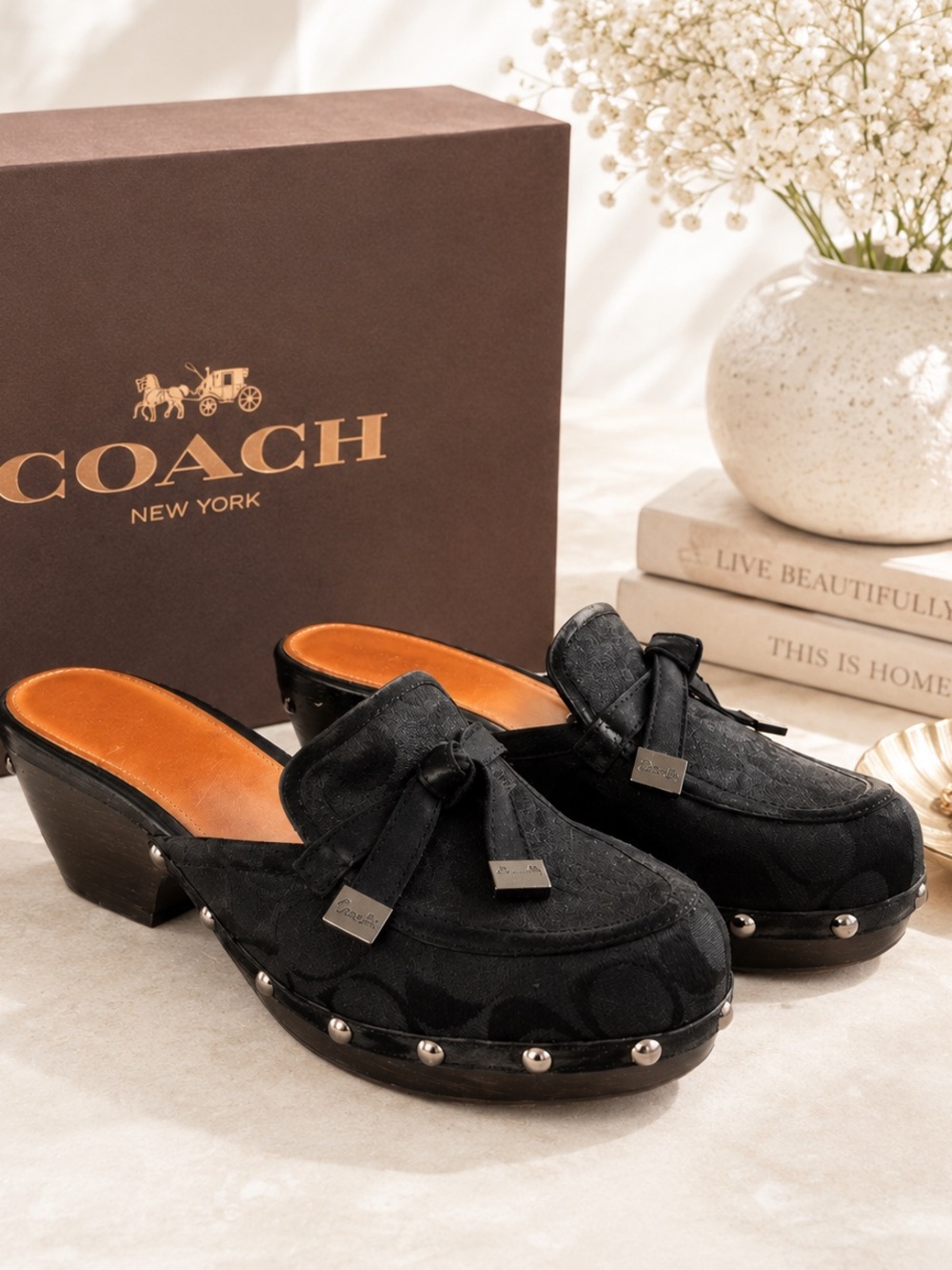 Coach Tanya Signature Jacquard Studded Wooden Clogs Black A0583 Size 7B
